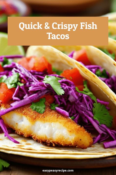 Crispy fish tacos with purple cabbage, tomatoes, and cilantro on a soft tortilla. Fish Tacos Air Fryer, Crispy Air Fryer Fish, Air Fryer Fish Tacos, Crispy Fish Tacos, Fried Fish Tacos, Air Fried Fish, Homemade Chicken Tenders, Easy Fish Tacos, Easy Zucchini Recipes