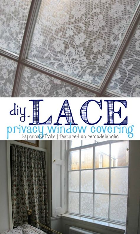 DIY Lace Privacy Window Covering |  Annabel Vita on Remodelaholic.com #AllThingsWindows #privacy #lace Diy Lace Privacy Window, Window Coverings Diy, Kitchen Window Coverings, Lace Window, Chic Bedrooms, Privacy Window, Shabby Chic Living Room, Cottage Furniture, Window Covering