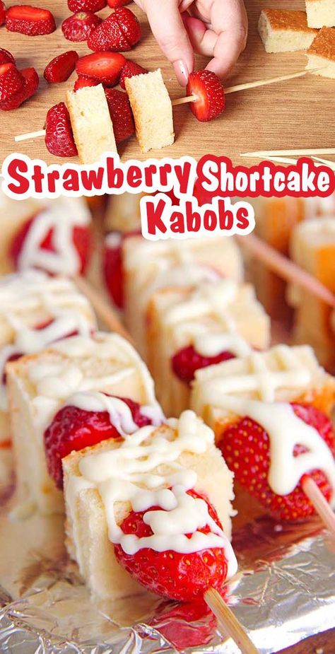 Strawberry Shortcake Kabobs - Sugar Apron Strawberry Shortcake Kabobs Skewers, Cake Cubes Ideas, Work Desserts, Strawberry Shortcake Kabobs, Strawberry Shortcake Birthday Party, Dessert Kabobs, Fruit Kabob, Snacks Easy, Fruit Kabobs