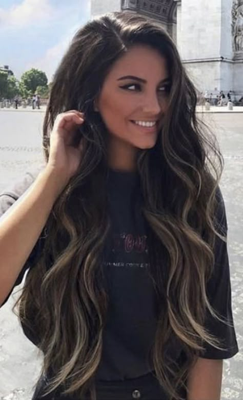 Bride Balayage Hair, Dark Hair With Ombre Highlights, Burnett Ombre, Long Dark Hair Balayage, Contrasting Hair Color, Long Brown Hair Ideas, 22” Extensions, Full Balayage Black Hair, Long Hair Balayage Brunette