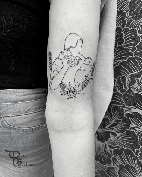 Outlined Picture Tattoo, Plus Size Fine Line Tattoo, Tattoos Of Pictures People Outline, Fine Line Memorial Tattoo, Tattoo Outline Picture, Fine Line Tribute Tattoo, Upper Arms, Memorial Tattoo, Fine Line Tattoos