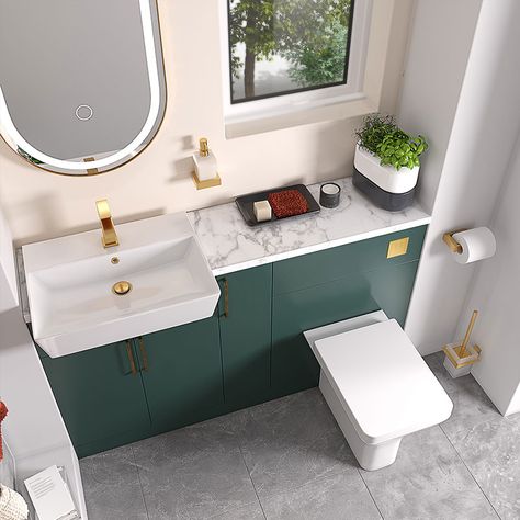 Green Bathroom Units, Green Vanity Unit, Bathroom Fitted Furniture, Green And Chrome Bathroom, Toilet And Sink Vanity Unit, Green And Silver Bathroom, Gold Handles Bathroom, Navy Blue Furniture, City Bathrooms