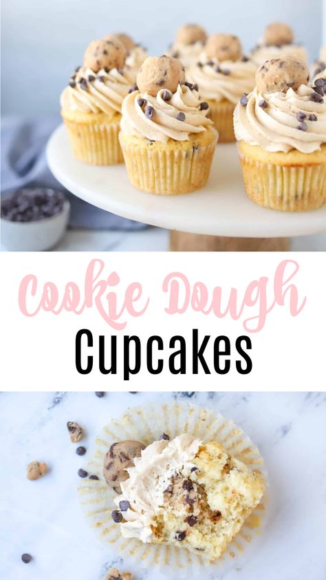 Cupcake Recipes Cookie Dough, Food Network Cupcake Recipes, Yummy Chocolate Cupcakes, Vanilla Cupcakes With Cookie Dough Frosting, Cake And Cupcake Recipes, Cookie Flavored Cupcakes, Vanilla Cupcakes With Cookie Dough Icing, Fun Vanilla Cupcakes, Cookie Dough Icing Cupcakes