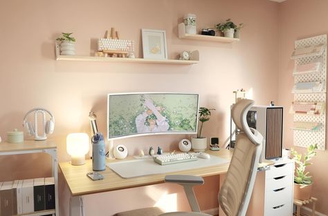 Corner Desktop Setup, Living Room With Desk, Dreamy Desk, Room With Desk, Cozy Home Office Ideas, Aesthetic Office, Cozy Desk, Study Desk Decor, Modern Office Space