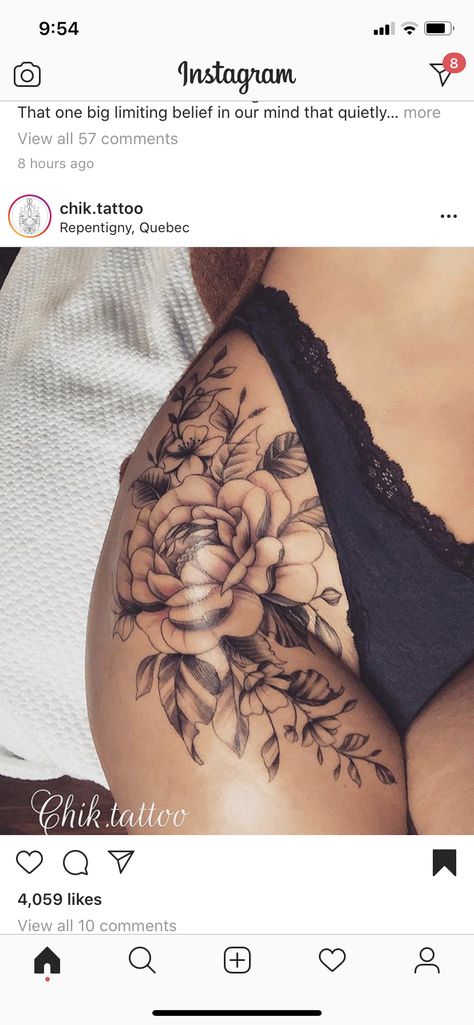 Inner Thigh Tattoos, Floral Hip Tattoo, Flower Hip Tattoos, Side Hip Tattoos, Upper Thigh Tattoos, Hip Tattoo Designs, Side Thigh Tattoos, Stomach Tattoos Women, Floral Thigh Tattoos