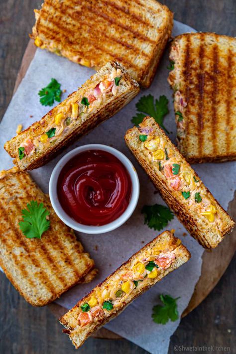 Creamy Vegetable Sandwich - Shweta in the Kitchen Best Grilled Vegetables, Vegetable Sandwich, Vegetarian Sandwich Recipes, Pasta Bread, Veg Sandwich, Vegetarian Fast Food, Healthy Sandwiches, Cooking Homemade, Grilled Sandwich