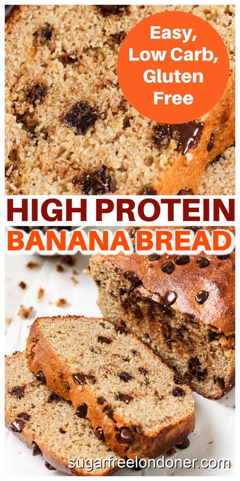 High Protein Banana Bread Lower Carb Banana Bread, Keto Dessert With Bananas, High Protein Low Carb Banana Bread, Low Carb Banana Recipes, Banana Protein Bread, Protein Banana Bread Recipe, Keto Banana Bread Recipe, High Protein Banana Bread, Low Carb Banana Bread