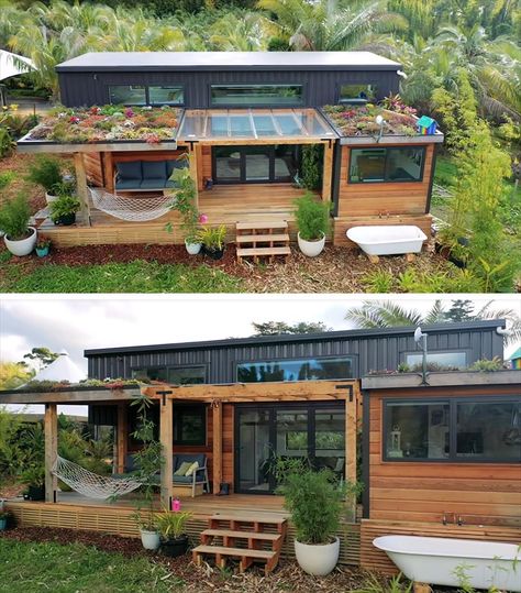 A modern tiny house with a porch and green roofs, that uses cedar siding and colored steel for the exterior materials. House With A Porch, Exterior Materials, Green Roofs, Tiny House Inspiration, Cedar Siding, Container House Plans, Modern Tiny House, House Exterior Design, Modern House Exterior Colors