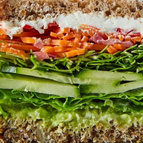 California Veggie Sandwich Recipe | Bon Appétit Veggie Sandwich Recipes, Veggie Sandwiches, Roast Beef Sandwich, Summer Sandwiches, Pickle Recipe, Veggie Sandwich, Pickled Veggies, Vegetarian Lunch, Sandwich Recipe