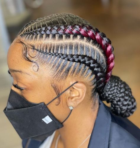 Black Goddess Braids with Magenta Highlights 4 Stitch Braids, Plait Braids, Stitch Braids Cornrows, Corn Roll Hair Styles, Summer Protective Hairstyles, Two Cornrow Braids, Blonde Braiding Hair, Unnatural Hair Color, Plait Braid