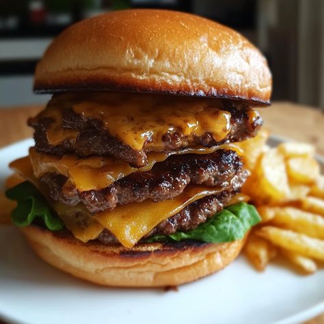 Lazy Double Smash Burger & Chips Recipe 🍔🍟 Ingredients: For the Double Smash Burgers: 1 lb ground beef (80/20 blend recommended) 🍖 Salt and pepper, to taste 🧂 4 slices of cheese (American or cheddar) 🧀 4 burger buns 🍞 Toppings: lettuce, tomato, pickles, ketchup, mustard, onions (as desired) 🥬🍅🥒 For the Chips: 2 large potatoes, cut into wedges or use frozen chips 🥔 2 tablespoons olive oil 🫒 Salt and pepper, to taste 🧂 1 teaspoon paprika (optional) 🌶️ Instructions: 1. Make the Chips: If using f... Mustard Onions, Burger And Chips, Smash Burgers, Food Plate, Smash Burger, Chips Recipe, Burger Buns, Recipe Ingredients, Unhealthy Food