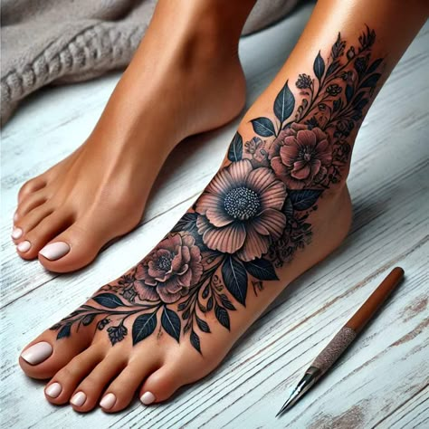 Full Feet Tattoos For Women, Foot Tattoo Ideas For Woman, Lower Ankle Tattoos For Women, Ankle And Leg Tattoos For Women, Tropical Thigh Tattoos Women, Foot To Ankle Tattoos For Women, Arm Tattoos For Women With Color, Flowers On Ankle Tattoo, Foot Tatoos Woman