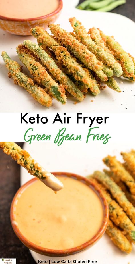 A stack of sir fried grren bean fries with a dipping sauce. French Fry Alternative, Fry Alternative, Green Bean Fries, Air Fried Green Beans, Air Fryer Recipes Low Carb, Air Fryer Recipes Keto, Gluten Free Savory, Keto Comfort Food, Air Fryer Keto