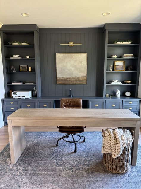 Pismo Reclaimed Wood Console Desk curated on LTK Executive Desk Set Up, Desk With Credenza Home Office, Office With Built Ins And Desk, Sitting Area In Office Space, Office Ideas Home Modern, Office To Nursery, Moody Office Built In Desk, Home Office Bonus Room, Two Desk In One Office