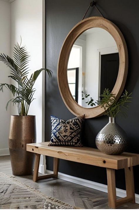 Home Foyer Ideas Entryway Modern, Entry With Round Mirror, Mirror In Foyer Entryway, Entryway Ideas Boho Modern, Elegant Small Entryway Ideas, Entry Bench And Mirror, Foyer With Bench Entryway, Modern Organic Entryway Ideas, Bench And Mirror Entryway