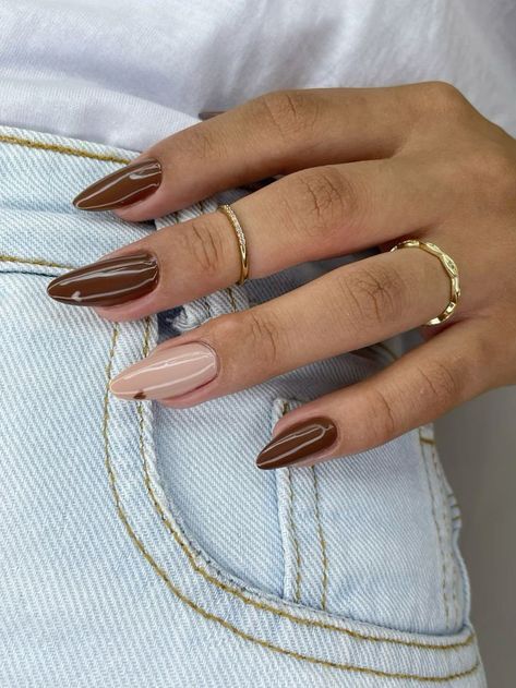 Brown Hand Nails, Nails For Brown Hands, Brown Hands Nails, Brown Nail Designs Almond, Nude And Brown Nails, Brown Nails With Design, Corporate Nails, Nails Design Nude, Brown And Nude Nails