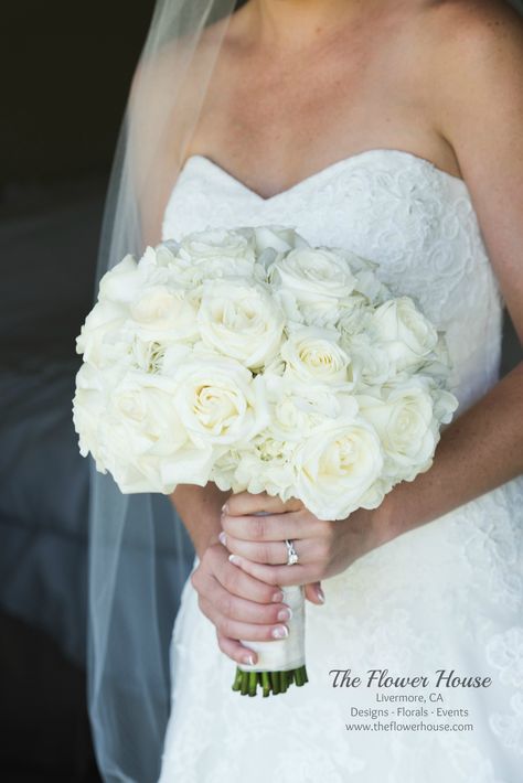 Bridal Bouquet With Hydrangeas And Roses, Bride Dress And Bouquet, Bride White Flower Bouquet, Full White Bridal Bouquet, Tibet Rose Bouquet, Bride Bouquet Roses White, Wedding White Rose Bouquet, White Round Bridal Bouquet, Elegant White Wedding Bouquets