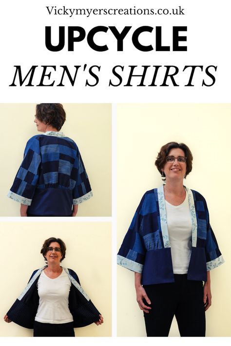 Learn how to refashion men's shirts into a stylish kamino - this refashioning tutorial teaches you how to divide a pattern into blocks, plus how to sew up blocks of new fabric from old clothes, perfect for refashioning clothes which are too small #refashion Upcycling Mens Shirts For Women, Refashion Clothes Tutorial, Best Sewing Projects, Free Bag Patterns, Refashioning Clothes, Diy Clothes Storage, Refashion Dress, Diy Clothes Refashion Videos, Upcycled Tshirt