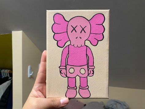 Pink Kaws Canvas Painting, Pink Kaws Painting, Klaws Painting Canvas, Kaws Canvas Painting, Pink Kaws, Kaws Painting, Disney Canvas Art, Disney Canvas, Cute Canvas Paintings