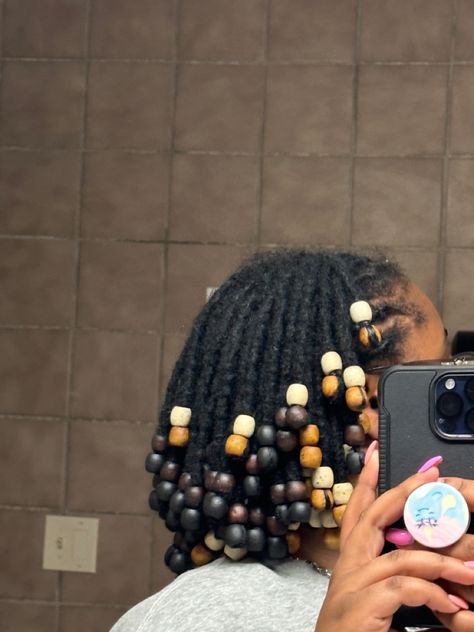 Beads On Starter Locs, Beaded Locs Styles, Locs With Beads Black Women, Locks With Beads, Faux Locs With Beads, Locs With Headband, Locs And Beads, Loc Styles With Beads, Beaded Locs