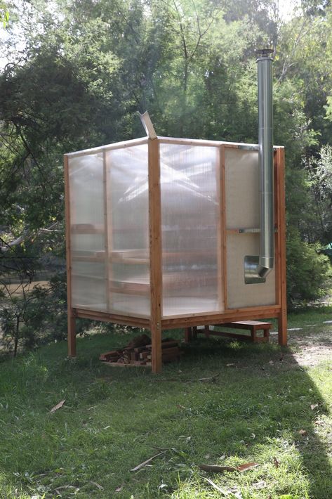 Off-Grid Sauna by Studio Rain - Dwell Shed Sauna, Sauna Wood Stove, Gym Shed, Mobile Sauna, Building A Sauna, Sauna Diy, Sauna House, Modern Outdoor Spaces, Modern Shed