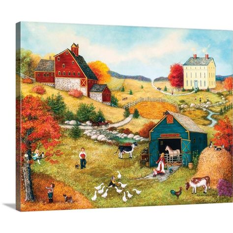 GreatBigCanvas "Fall on the Farm" by Linda Nelson Stocks Canvas Wall Art, Multi-Color Fall On The Farm, Cottage Village, Terry Redlin, Countryside Village, Charles Wysocki, Kelly Rae Roberts, Arte Folk, Americana Art, Susan Winget