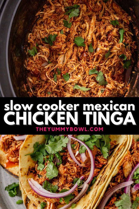 This chicken tinga recipe is a traditional Mexican dish made with shredded chicken in a spicy tinga sauce that can be served in corn tortillas (or flour tortillas) or burrito bowls with fresh cilantro, Cotija cheese, creamy avocado, sour cream, and a squeeze of fresh lime juice. Make this chicken tinga for filling tacos for a tasty lunch or dinner. Try this chicken recipe today! Mexican Chicken Tinga, Mexican Chicken Tacos, Avocado Sour Cream, Crockpot Mexican Chicken, Tinga Recipe, Chicken Tinga Recipe, Fiesta Food, Slow Cooker Mexican Chicken, Spicy Chicken Tacos