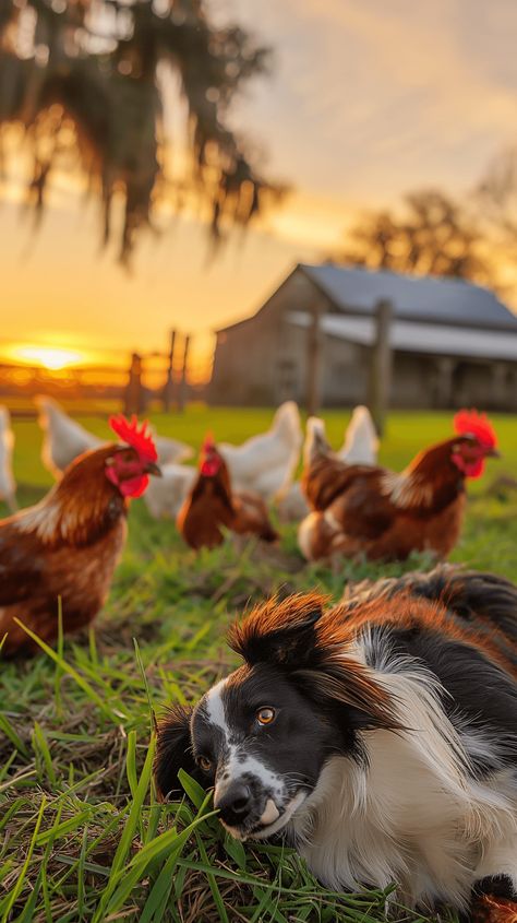 Enjoy the heartwarming sight of chickens and a playful Border Collie interacting in a picturesque farmyard. This delightful scene captures the essence of farm life and the strong bonds between animals. #FarmPlaytime #ChickensAndDog #BorderCollie #FarmLife #CountrysideJoy #RuralBliss #AnimalBonds Border Collie Playing, Farm Animals Aesthetic, Farm Animals Pictures, Old Town Road, Farm Chickens, Farm Sweet Farm, Snap Photos, Autumn Blue, Animal Action