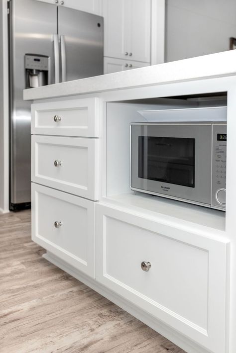 Under Counter Microwave in the Island Kitchen Island Microwave, Under Counter Microwave, Counter Microwave, Kichen Design, Microwave In Island, Gray Shaker Cabinets, Microwave Cabinet, Microwave Drawer, Classic White Kitchen