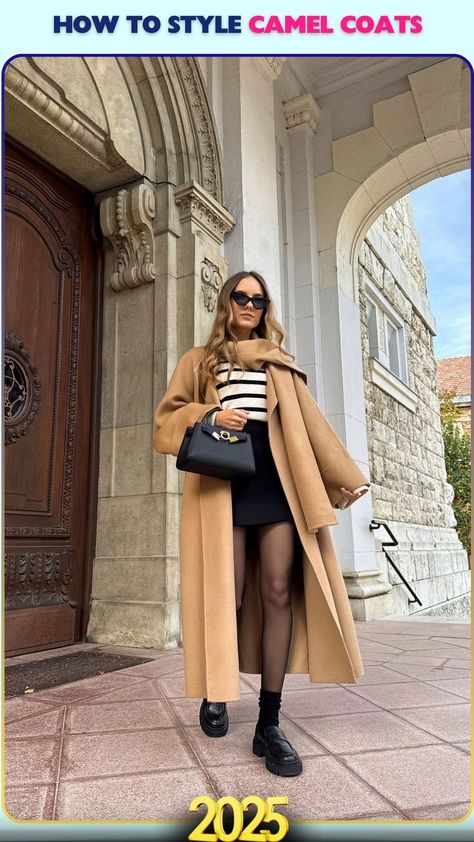 Combine elegance and practicality with camel coat looks featuring chic layering and versatile styling. Winter Camel Coat Outfit, Caramel Coat Outfit Winter, Long Tan Coat Outfit, Camel Wool Coat Outfit, Long Camel Coat Outfits, Camel Coat Outfit Winter Style, Tan Coat Outfit, Oversized Camel Coat, Peacoat Outfit