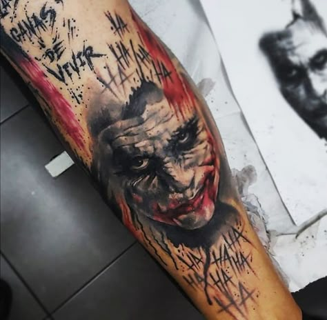 Joker Hahaha Tattoo, Batman And Joker Tattoo, Hahaha Tattoo, Batman Tattoo Sleeve, Tato Joker, Joker Hahaha, Joker Face Tattoo, Joker Tattoos, Dc Tattoo