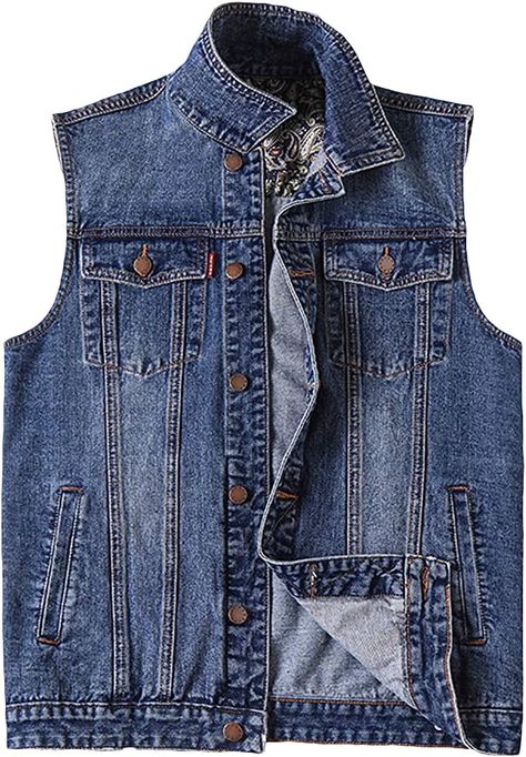 PRIJOUHE Men's Denim Vest Jean Vest Black Denim Motorcycle Black Blue Biker Plus Size Sleeveless at Amazon Men’s Clothing store Jean Vest Outfits, Denim Vest Men, Personal Uniform, Jeans Vest, Man Wear, Motorcycle Jeans, Wool Waistcoat, Jean Jacket Vest, Motorcycle Black