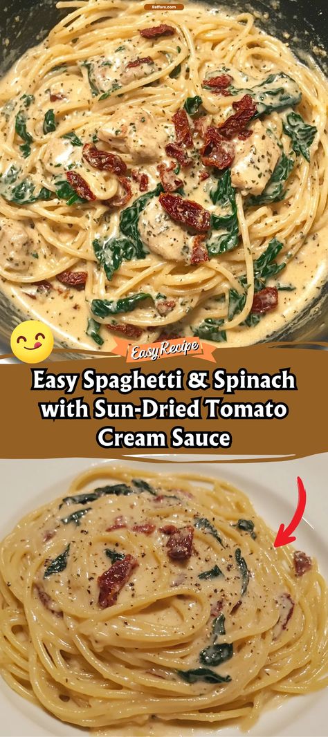 Spaghetti & Spinach with Sun-Dried Tomato Cream Sauce Salmon Pasta With Sun-dried Tomato Cream Sauce And Spinach, Easy Unique Pasta Recipes, Noodles And Spinach Recipes, Pasta With Garlic Cream Sauce, Creamy Garlic Pasta With Greens, Pasta Sundried Tomatoes Spinach, Recipes With Tomato Pesto, Sun Dried Tomato Spinach Pasta, Spaghetti And Spinach With Sun Dried Tomatoe Cream Sauce