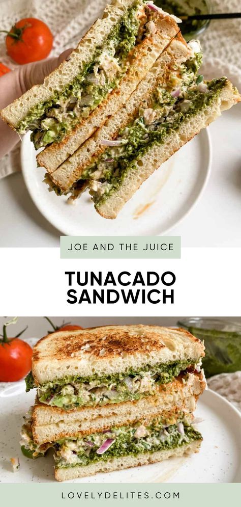 This Joe & the Juice Tunacado Sandwich filled with tuna and jam packed with flavor from the herby pesto to the spicy mayo. This tuna and avocado sandwich is the perfect working from home lunch recipe. If you want a spicy tunacado sandwich, add on my homemade spicy aioli. Tuna Cado Sandwich, Tuna Cucumber Sandwich, Wickles Spicy Red Sandwich Spread Recipe, Spicy Tunacado Sandwich, Work From Home Lunch Ideas, Tunacado Sandwich, Tuna Avocado Sandwich, Healthy Tuna Sandwich, Tuna Dinner