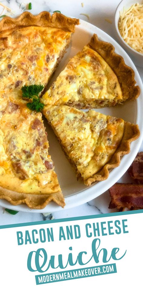 Bacon and Cheese Quiche is baked in a tender flaky pie crust, and is my favorite recipe for brunch on the weekends. This breakfast quiche recipe is made with bacon, eggs, and 3 types of cheese. It’s easy to make and will become one of your favorite breakfast or brunch recipes. #BaconQuiche #QuicheRecipes Breakfast Ideas With Pie Crust, Recipes Using Frozen Pie Crust, Cheese Quiche Recipes Easy, Quish Recipes Easy, Bacon And Cheddar Quiche, Bacon Quiche Recipes Easy, Quiche Recipes With Frozen Pie Crust, Easy Quiche With Frozen Pie Crust, Quiche Using Frozen Pie Crust