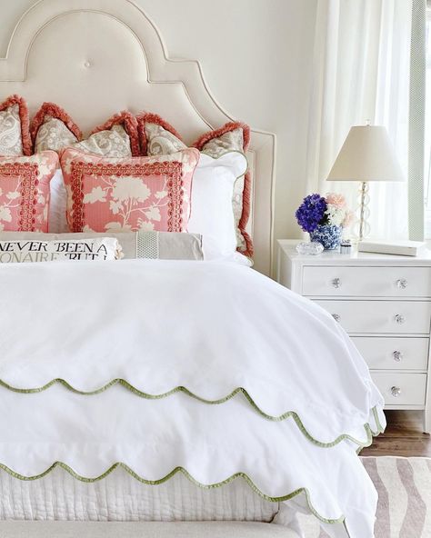 Ballard Designs Bedroom, Scallop Bedding, Scalloped Bedding, Scalloped Duvet Cover, Scallop Shell Bed, Scalloped Throw Pillow, White Scallop Bedding, Layered Bedding Ideas, Blue Scalloped Bedding