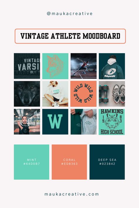 Colour palette and brand board created for a personal trainer, fitness, athletic business. This moodboard is incpired by vintage athletics and sport styles. Fonts are inspired by varisty and old year books. This moodboard is designed with a GenZ market in mind. Sport Brand Color Palette, Athletic Color Palette, Fitness Color Palette, App Color Scheme, Sport Color Palette, Sport Moodboard, Kitchen Photoshoot, Gym Space, Break Point