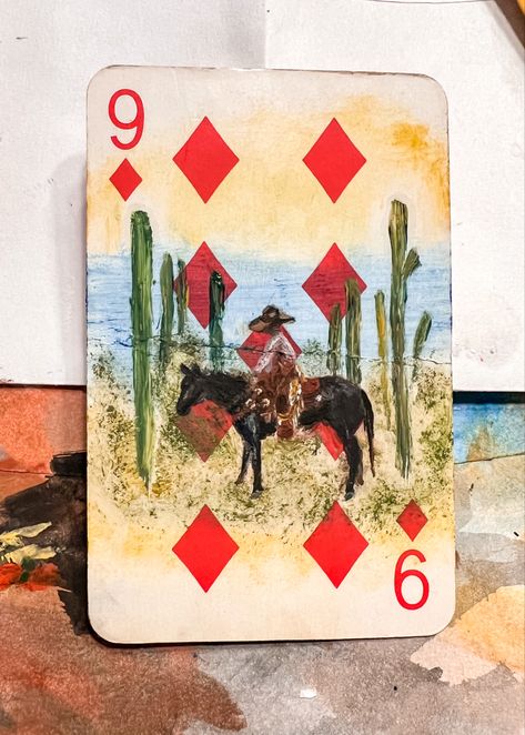 Western Art Inspiration, Vintage Western Paintings, Funky Western Art, Cowgirl Aesthetic Painting, Cowboy Paintings Western, Western Designs Art, Cowboy Watercolor Paintings, Western Aesthetic Painting, Art On Playing Cards