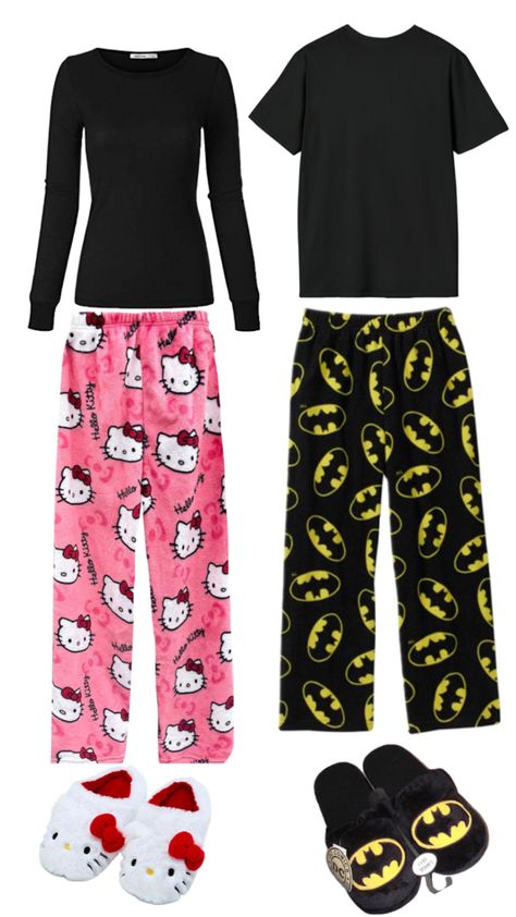 batman & hello kitty Batman Hello Kitty, Batman Outfits, Matching Outfits Best Friend, Couple Matching Outfits, Couple Fits, Hello Kitty Clothes, Couple Pajamas, Matching Pjs, Cute Pajama Sets