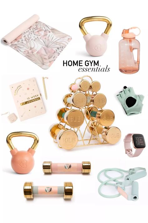 Home Gym Goals, Feminine Gym Decor, Workout Stuff To Buy, Cute Gym Equipment, Pretty Dumbbells, Aesthetic Dumbbells, Pretty Home Gym, Pink Home Gym, Gym Essentials Woman