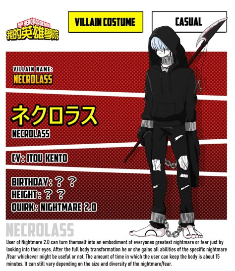 [Bnha Oc][character sheet] Necrolass by biancadrawscats on @DeviantArt Mha Villain Oc, Mha Villains, My Hero Academia Costume, Villain Names, My Hero Academia Oc, Mha Ocs, Image Spiderman, Villain Costumes, Oc Manga