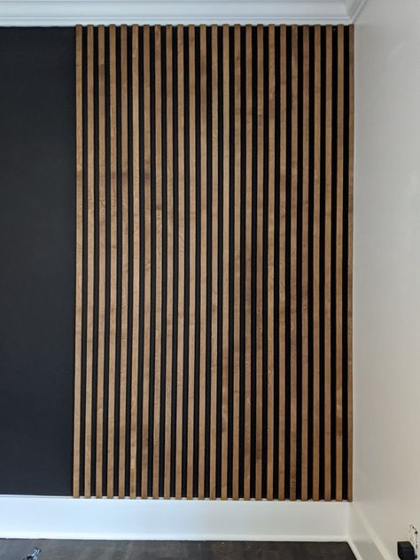 Stained-wood-slat-wall-installed-on-black-wall-progress Modern Wall Paneling, Wood Slat Wall, Wood Accent Wall, Inside Design, Wood Panel Walls, Slat Wall, Wood Slats, Wall Panel, Wall Treatments