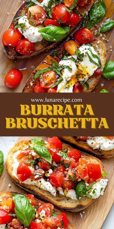 Burrata Bruschetta is a simple yet elegant dish that highlights the beauty of fresh ingredients! 🍅🥖 With creamy burrata, juicy tomatoes, and a drizzle of balsamic glaze over toasted bread, this appetizer is perfect for entertaining or as a light snack. Fresh, flavorful, and irresistible!  📌 Pin this recipe to create an easy and sophisticated burrata bruschetta for your next gathering! #BurrataBruschetta #FreshIngredients #AppetizerIdeas #SimpleAndElegant #BruschettaLovers #EasyEntertaining Bruschetta Toast Appetizers, Bursts Bruschetta, Low Carb Burrata Recipe, Crostini With Burrata, Buratta And Tomato Appetizer, Bruschetta And Mozzarella Recipe, Burrata Crostini Appetizers, Baked Tomatoes With Burrata, Burrata Bread Recipe