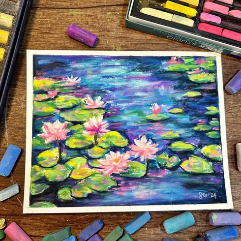 Another one in the books! Water Lilies - available for purchase! Message me with inquiries 😊 _____ Soft pastel impressionist portrait, soft pastel Impressionism painting, painting of water lilies #softpastel #pastel #pastelpainting #pastelart #impressionism #impressionist #art #waterlilies #landscape #landscapepainting Soft Pastel Landscape Paintings, Oil Pastel Art Landscape, Water Reflection Painting, Pastel Colour Art, Landscape Oil Pastel, Pastel Impressionism, Soft Pastels Paintings, Painting Of Water, Art Journal Challenge