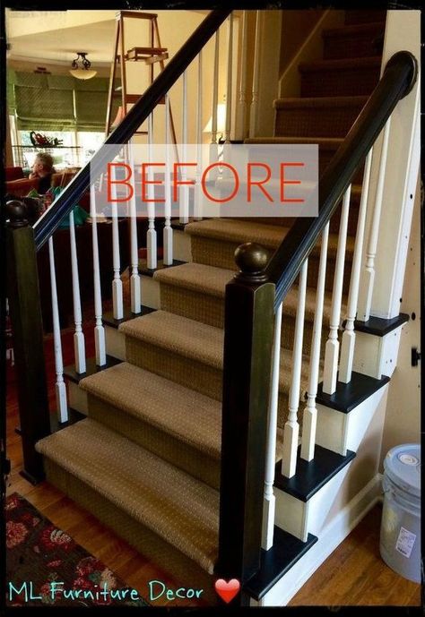 Bannisters And Railings, Black Stair Rail, Painted Stairway, Refinish Staircase, Staircase Banister Ideas, Staircase Railing Ideas, Black Banister, Black Painted Stairs, Painted Banister