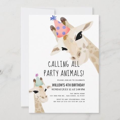 Party Animals Giraffe Birthday for $2.98 - Birthday Invitations Giraffe Birthday Theme, Giraffe 1st Birthday, Giraffe Birthday Parties, Giraffe Party, 98th Birthday, Animals Giraffe, Animal Theme Birthday, Animal Birthday Invitation, Giraffe Birthday