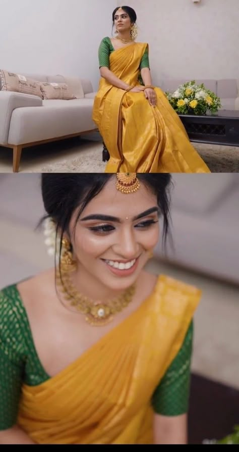 Haldi Look Maharashtrian, Pattu Saree Makeup Look, Traditional Makeup Look In Saree, Maharashtrian Haldi Look, Engagement Looks Saree, Yellow Traditional Saree, South Indian Marriage Saree, Bridal Wedding Sarees South Indian, Haldi Outfits Saree