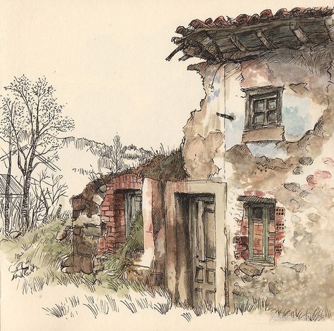 "Ruined house" by Adolfo Arranz | Redbubble Life Sketch, Watercolor Architecture, House Sketch, Watercolor Painting Techniques, 수채화 그림, Urban Sketchers, Arte Sketchbook, Sketch Painting, Urban Sketching