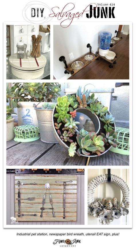 DIY Salvaged Junk Projects 424 - Industrial pet station, newspaper bird wreath, utensil EAT sign, plus! Features and NEW junk projects! Repurposed Junk, Pet Station, Flea Market Flips, Thrift Store Upcycle, Bird Wreath, Eat Sign, Flea Market Decorating, Upcycled Projects, Funky Junk Interiors