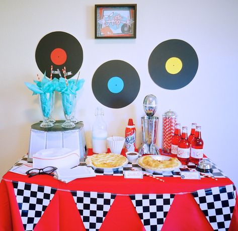 1950s Diner Theme Piecyling Party with FREE Printables 1950s Party Decorations, 1950s Party Ideas, 50s Party Decorations, 50s Theme Party, 1950s Theme Party, 60's Party, Grease Party, 50s Decor, 50s Theme Parties